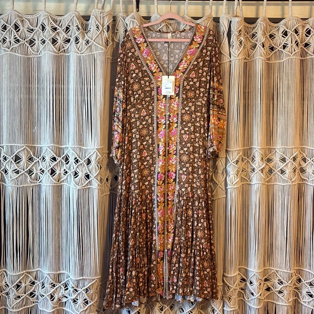 NWT💫Exclusive💫 Spell/Free People Madame Peacock Button Thru Gown in Coffee med - Picture 5 of 12